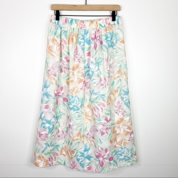 Vintage Alicia Pastel Floral Cottagecore Pleated Elastic Waist A Line Midi Skirt - Picture 2 of 6